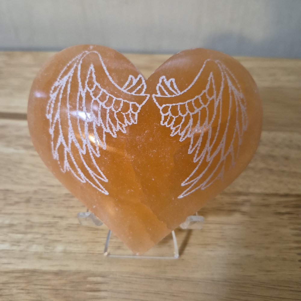 Peach Selenite Heart with Etched Wings